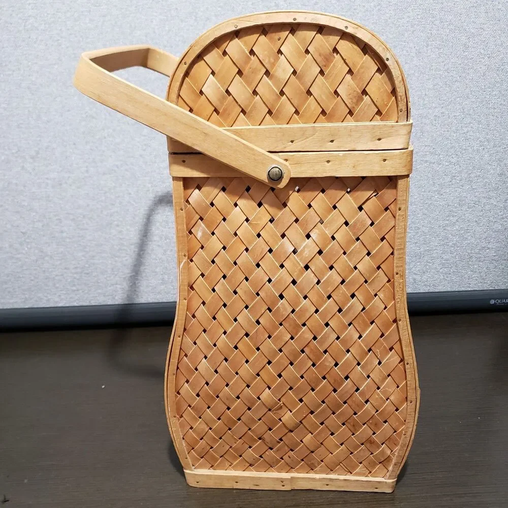 Wicker Weaved Tan  Wine Carrier / Storage Basket with Holder & Latch